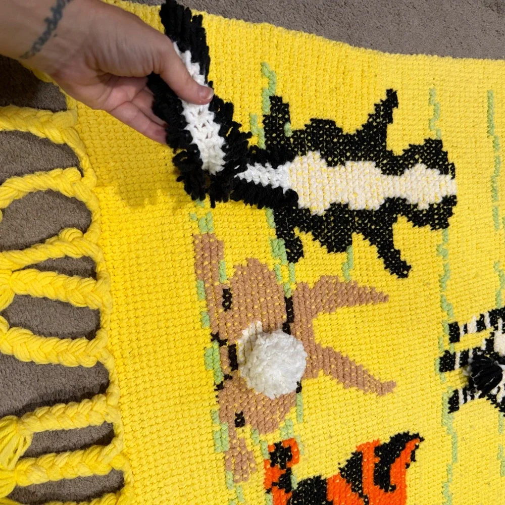 Vintage Handmade Crochet Zoo Animal Baby Blanket 3D Tiger Giraffe Zebra Yellow